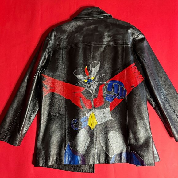 Upcycled Unisex Leather Jacket, Hand-Painted with Mazinger Print, Size L - Picture 5 of 11